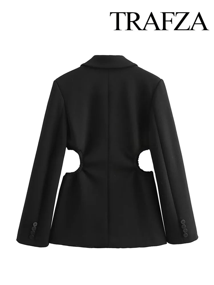 TRAFZA Winter Fashion Women Blazers Coats Black Turn-Down Collar Long Sleeves Hollow Out Waist Single Breasted Female Jackets