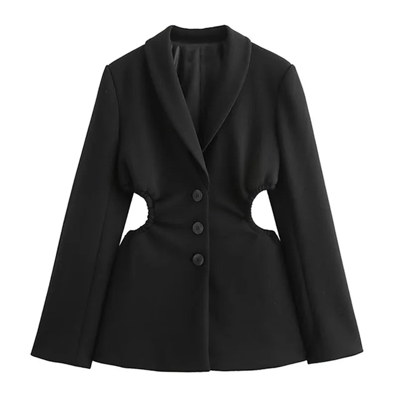 TRAFZA Winter Fashion Women Blazers Coats Black Turn-Down Collar Long Sleeves Hollow Out Waist Single Breasted Female Jackets