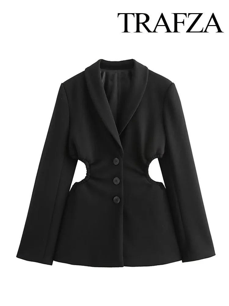 TRAFZA Winter Fashion Women Blazers Coats Black Turn-Down Collar Long Sleeves Hollow Out Waist Single Breasted Female Jackets