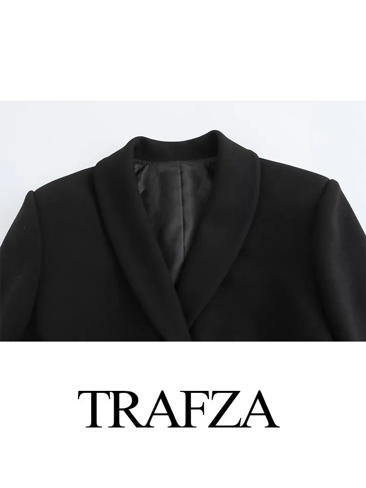 TRAFZA Winter Fashion Women Blazers Coats Black Turn-Down Collar Long Sleeves Hollow Out Waist Single Breasted Female Jackets