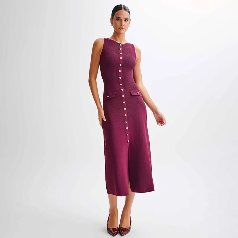 soft life Elegant Sleeveless Single-Breasted Ribbed Knitwear Long Dress For Women High Waist Bodycon Knitted Fake Pocket Dress New