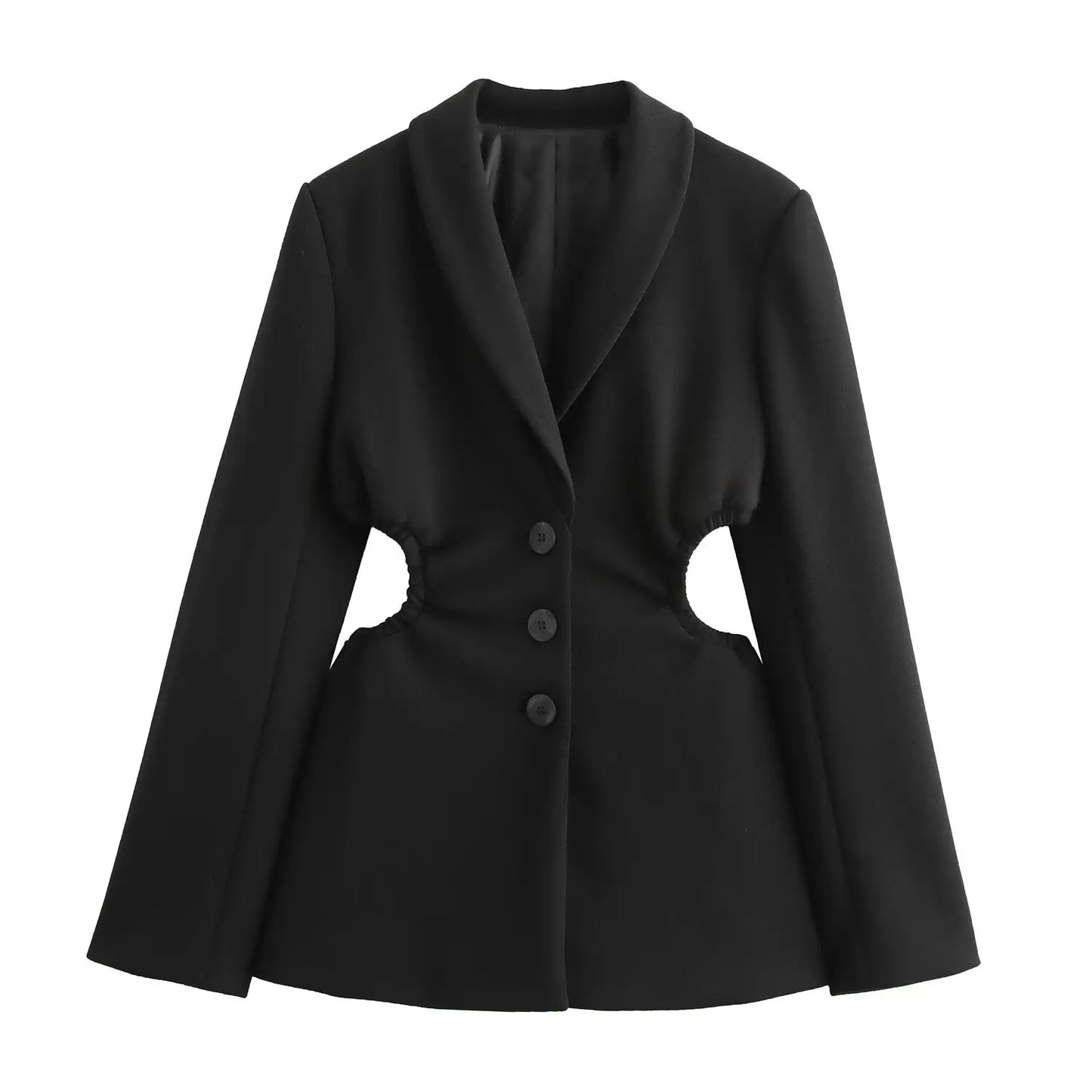 TRAFZA Winter Fashion Women Blazers Coats Black Turn-Down Collar Long Sleeves Hollow Out Waist Single Breasted Female Jackets